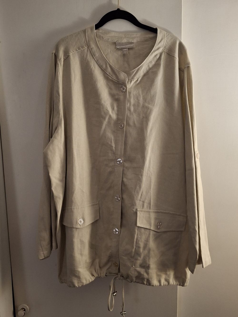 Woman Within Women's Beige Drawstring Utility Shirt Jacket
